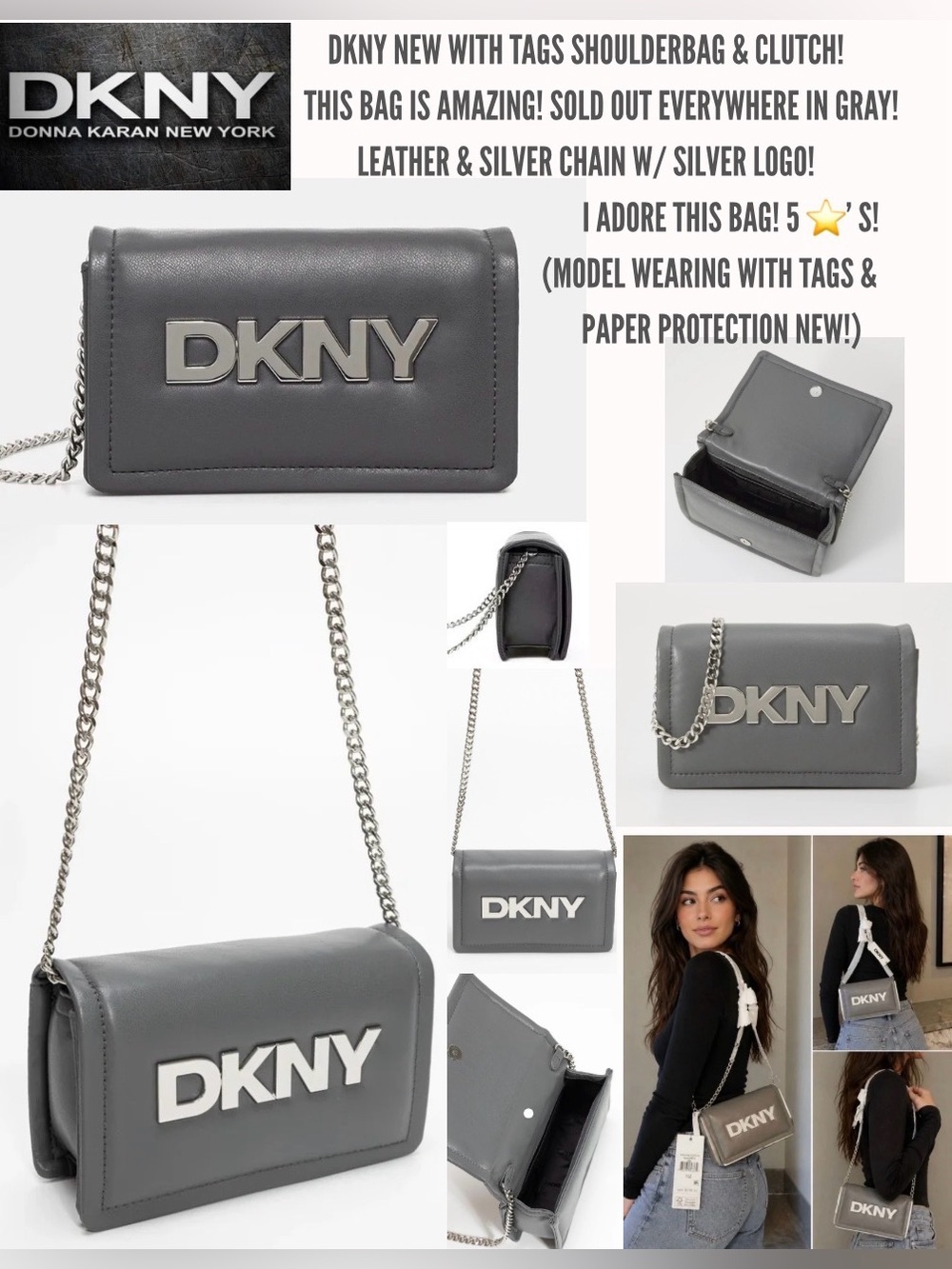 NWT! DKNY GRAY BAG! I LOVE THIS BAG! I WANT TO KEEP IT LOL! BEAUTIFUL CHROME 😔.